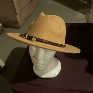Tan and Brown belt around rim fedora